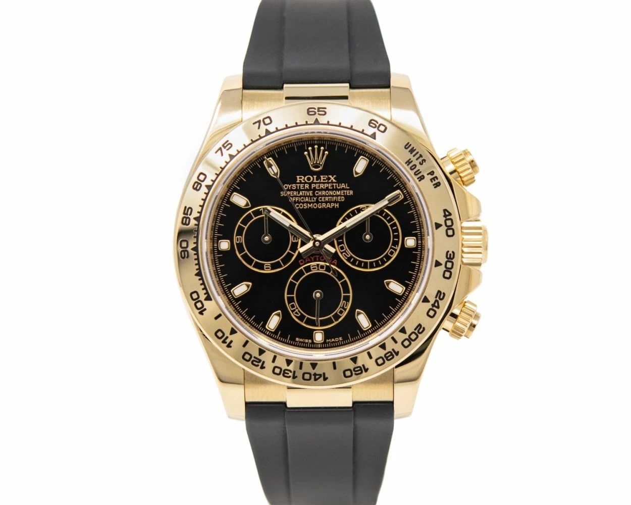 Rolex Cosmograph Daytona, Black Dial, Yellow Gold, Black Rubber-B Strap,  116518