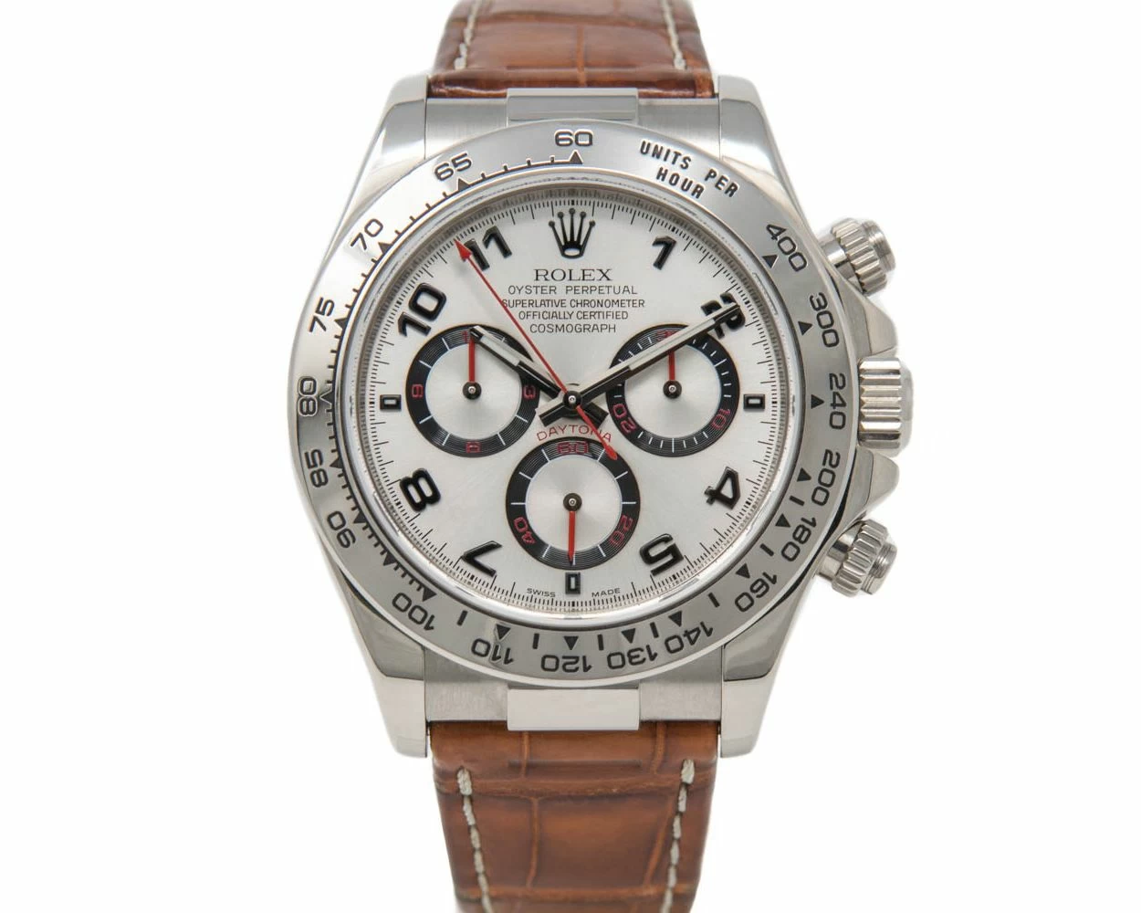 Rolex Cosmograph Daytona Silver Arabic Dial White Gold Brown Leather Strap 116519
