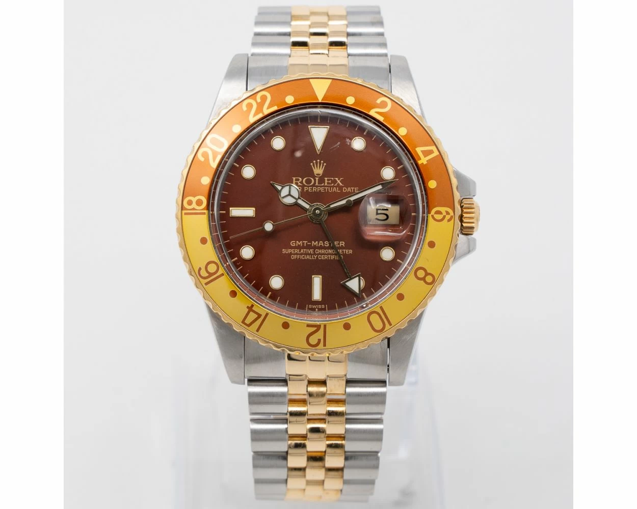 Rolex GMT Master Chocolate Dial Brown Yellow Root Beer Bezel Steel Gold 16753