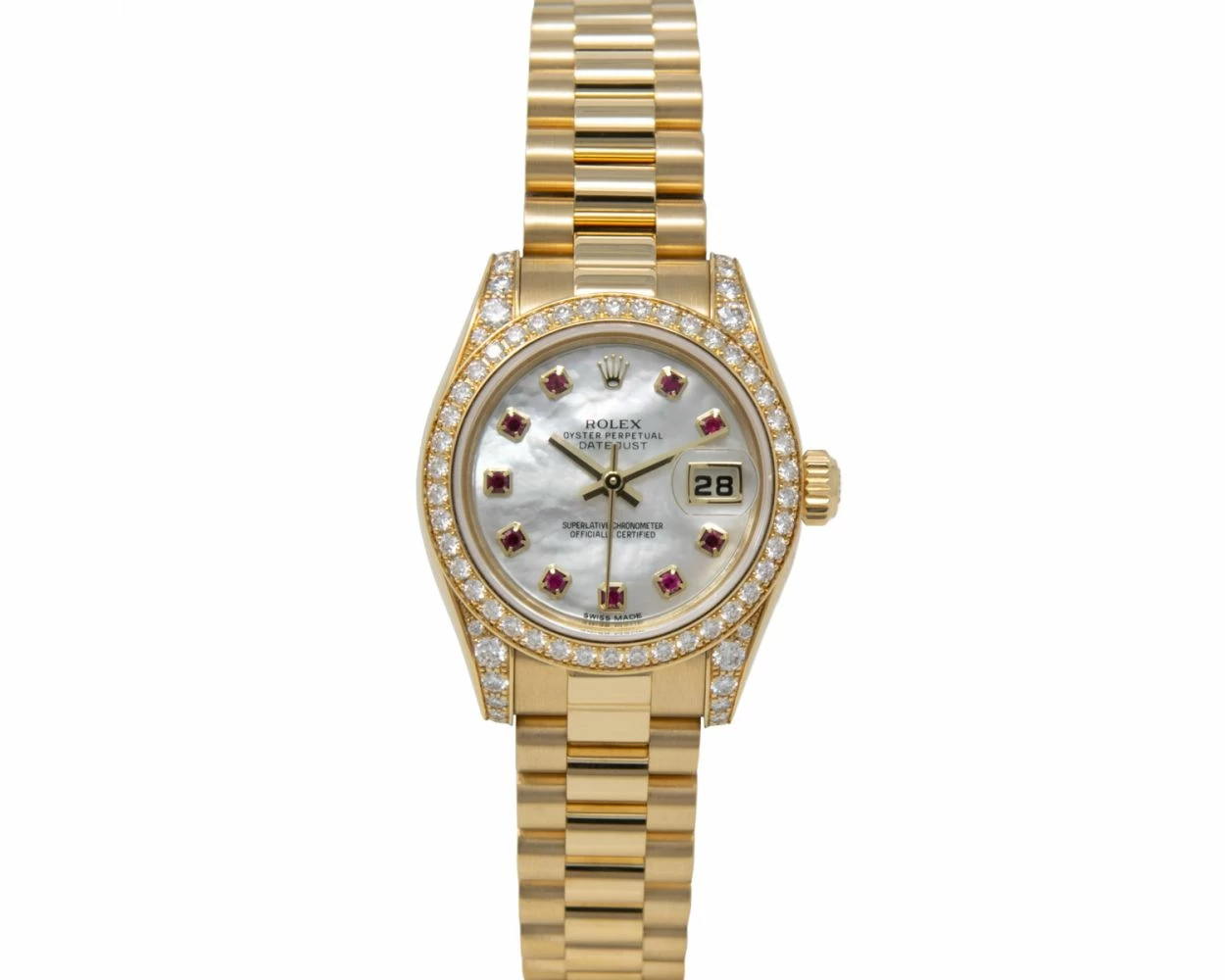 Rolex Lady Datejust President Bracelet Mother of Pearl Ruby Dial Diamond Bezel Lugs Yellow Gold 179158
