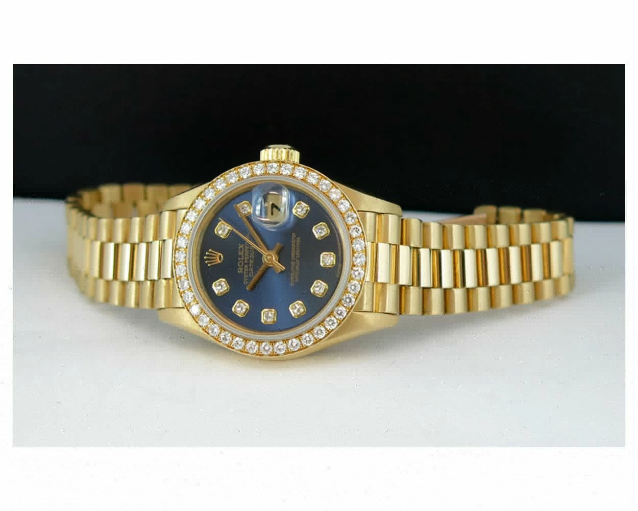 Rolex Lady-Datejust, President Bracelet, Blue Diamond Dial, Diamond & Ruby  Bezel, Yellow Gold, 69178