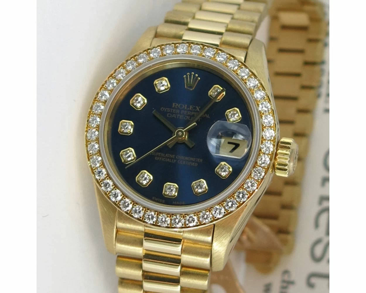 Rolex Lady-Datejust, President Bracelet, Blue Diamond Dial, Yellow Gold,  69178