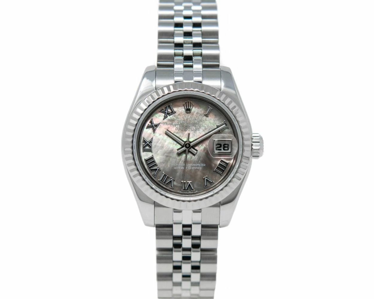 Rolex Lady Datejust Black Mother of Pearl Roman Dial Steel White Gold 179174