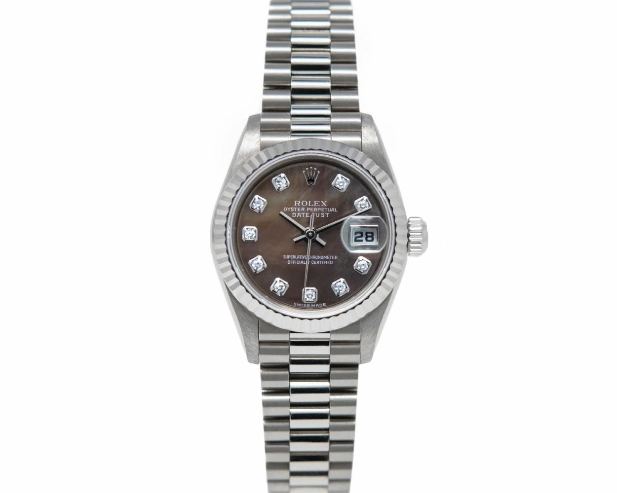 Rolex Lady-Datejust, President Bracelet, Black Mother of Pearl Diamond  Dial, White Gold, 79179