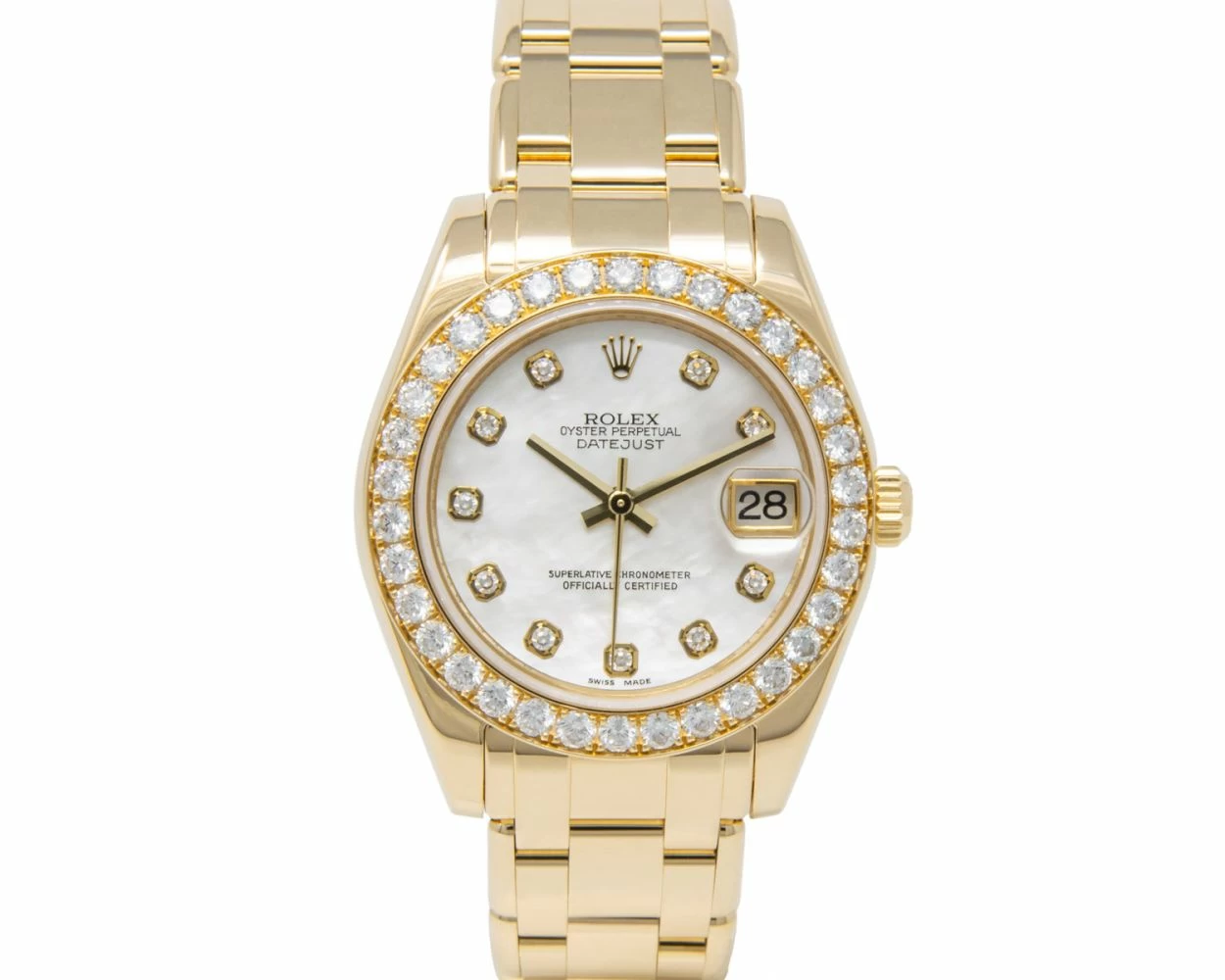 Rolex Pearlmaster 34 Mother of Pearl Diamond Dial Diamond Bezel Yellow Gold 81298