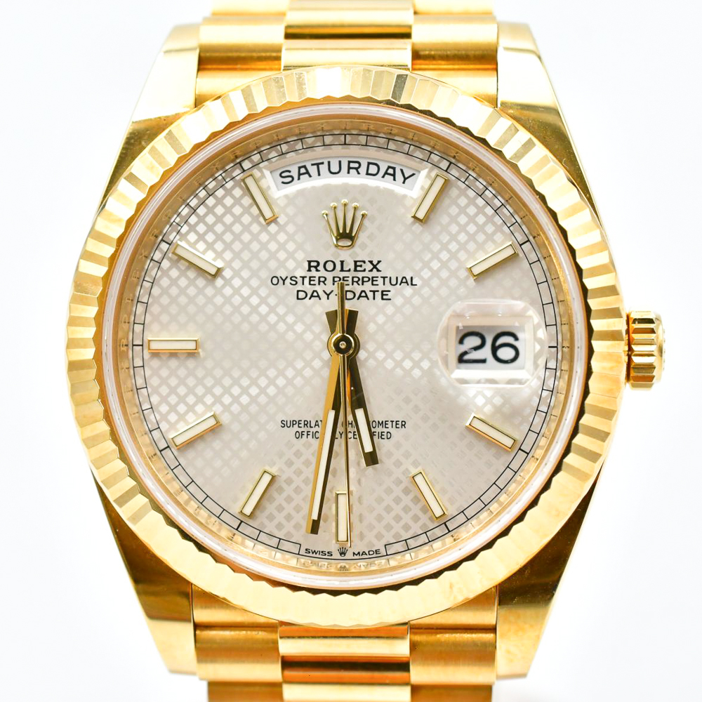 2020 Rolex Day-Date 40, 228238, Yellow Gold, Silver Diagonal Motif