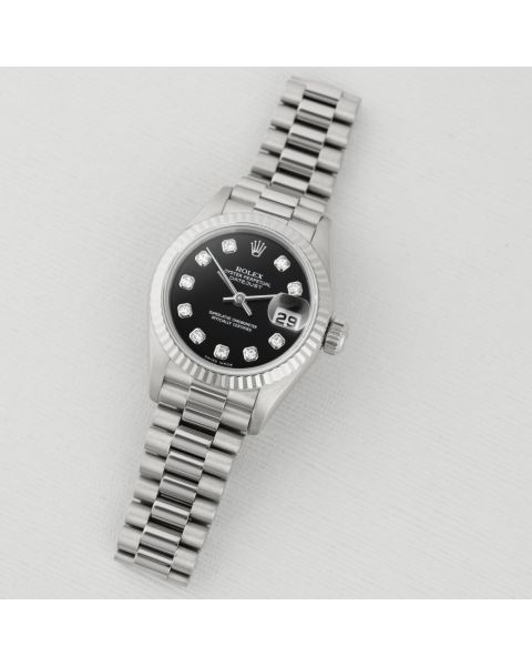 Rolex Lady-Datejust 26, 79179, White Gold, Black Diamond Dial, President Bracelet, Renewed