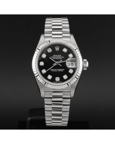 Rolex Lady-Datejust 26, 79179, White Gold, Black Diamond Dial, President Bracelet, Renewed