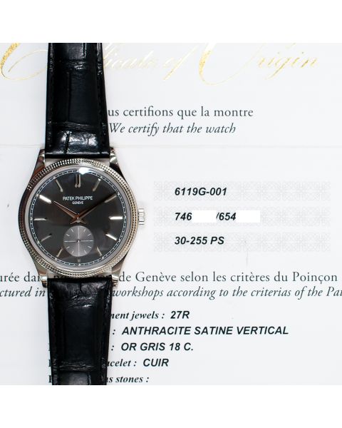 2022 Patek Philippe 6119G-001 Calatrava, 39mm, White Gold, Grey Dial, Box & Papers