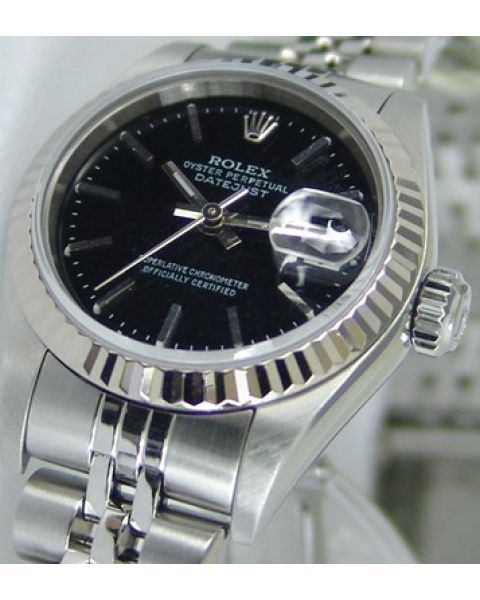 Rolex Lady-Datejust 79174 Wristwatch, Jubilee Bracelet, Black Stick Dial, Fluted Bezel