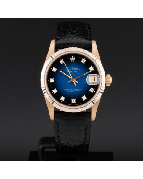Rolex Datejust 31, 68278, Yellow Gold, Blue Vignette Diamond Dial, Leather Strap, Renewed