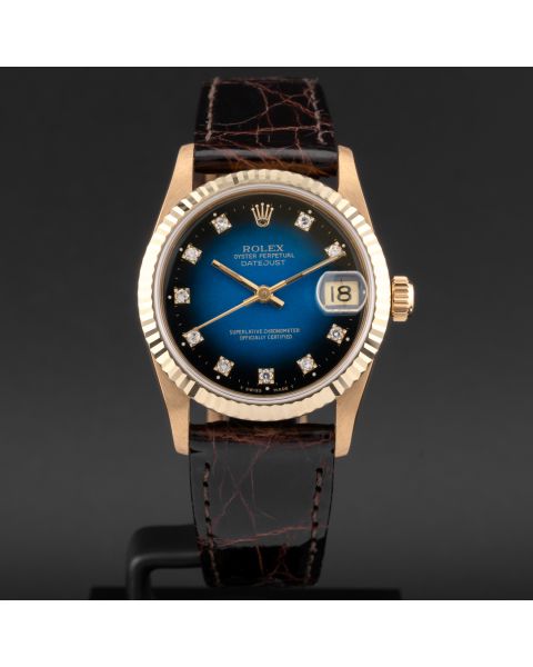 Rolex Datejust 31, 68278, Yellow Gold, Blue Vignette Diamond Dial, Leather Strap, Renewed
