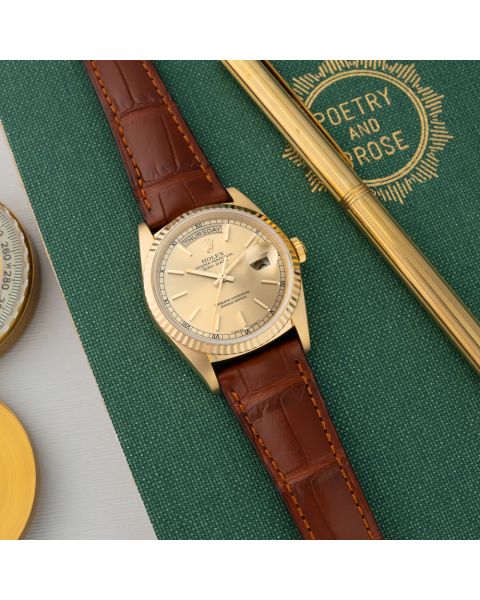 Rolex Day-Date 36, 18038, Yellow Gold, Champagne Dial, Leather Strap, Renewed