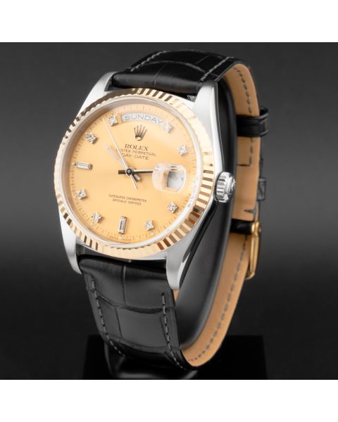 Rolex Day-Date 36 18239B, Yellow Gold & Steel, Champagne Diamond Dial, Leather Strap, Renewed 