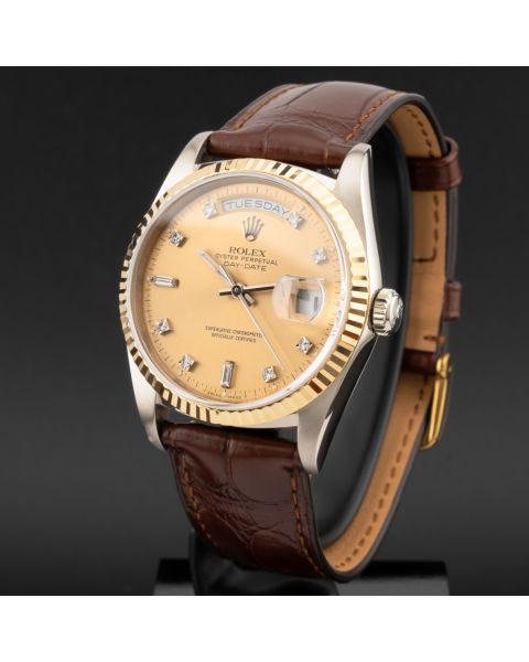 Rolex Day-Date 36 18239B, Yellow Gold, Champagne Diamond Dial, Leather Strap, Renewed 