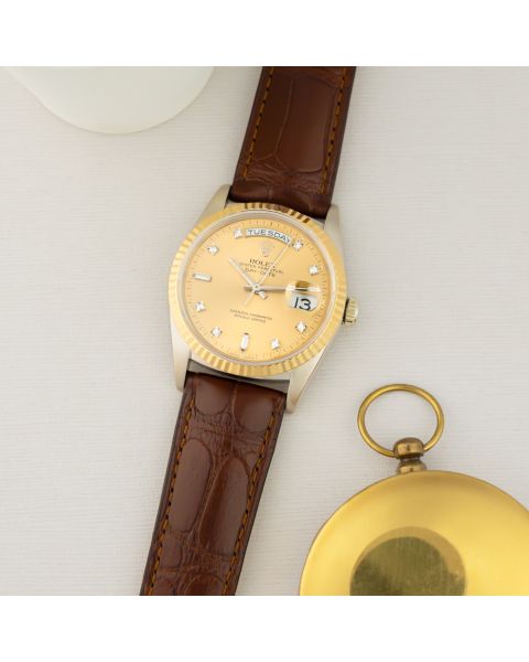 Rolex Day-Date 36, 18239, Yellow Gold & Steel, Champagne Diamond Dial, Leather Strap, Renewed 