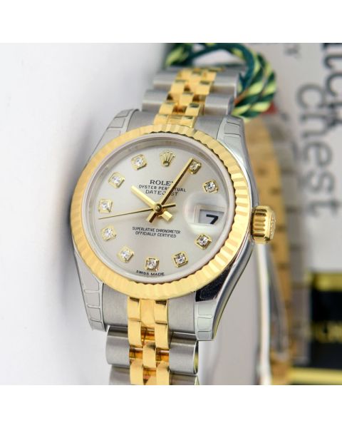 Rolex Lady Datejust Yellow Gold Steel Silver Diamond Dial 179173 Never Worn Watch Chest