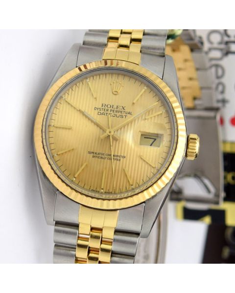 Rolex Datejust Gold Steel Champagne Tapestry Index Dial 16013 Watch Chest