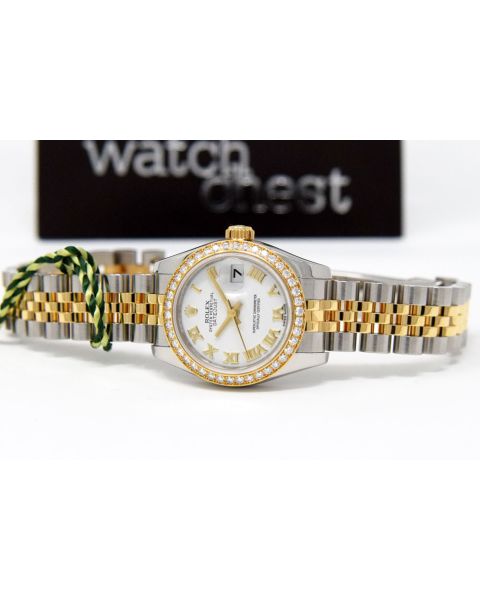 Rolex Lady Datejust Yellow Gold Steel White Roman Dial 179173 Jubilee Watch Chest