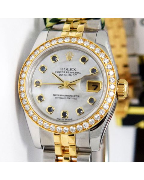 Rolex Lady Datejust Yellow Gold Steel Mother of Pearl Sapphire Dial 179173 Jubilee Watch Chest