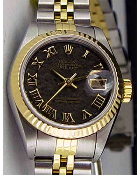 Rolex Lady Datejust Yellow Gold Steel Volcanic Obsidian Roman Dial 79173 Jubilee Watch Chest