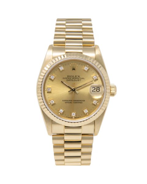 Rolex Datejust 31 68278 Wristwatch, President Bracelet, Champagne Diamond Dial, Fluted Bezel