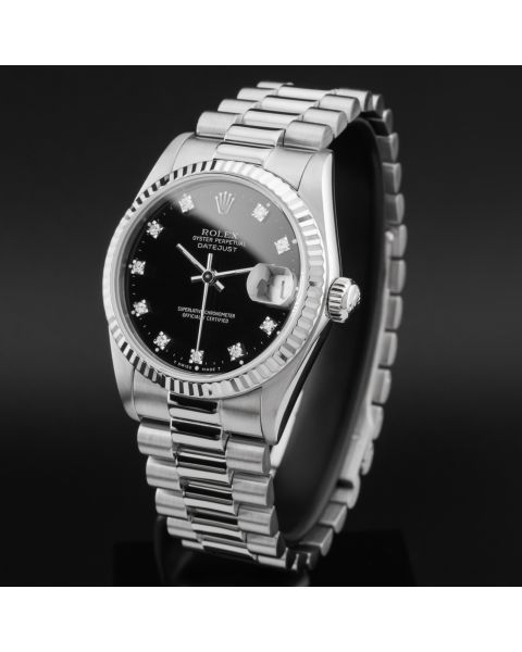 Rolex Datejust 31, 68279, White Gold, Aftermarket Black Diamond Dial, President Bracelet, Renewed