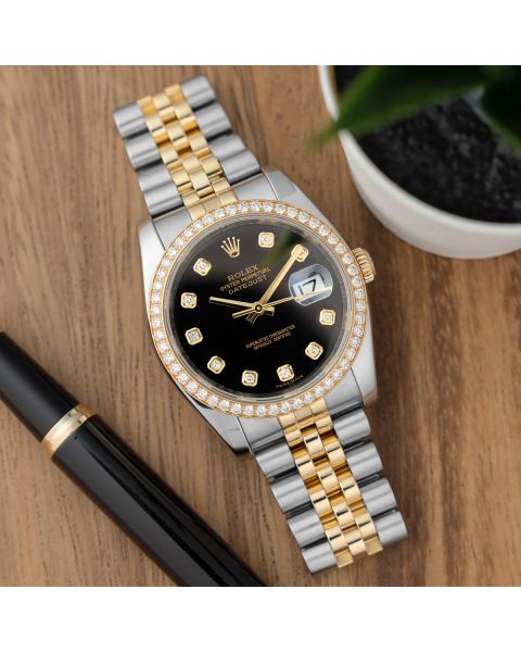 Rolex Datejust 36 116243, Steel & Gold, Black Diamond Dial, Jubilee Bracelet