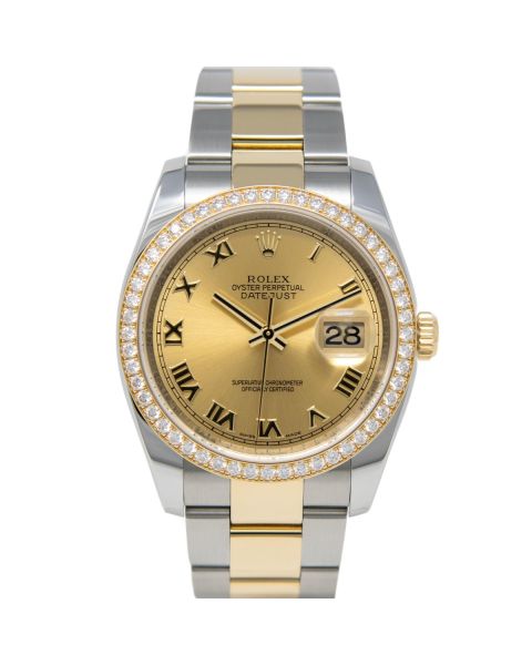 Rolex Men's Datejust 36 116243 Wristwatch, Oyster Bracelet, Champagne Roman Dial, Diamond Bezel