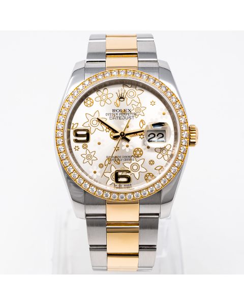 Rolex Datejust 36 116243 Wristwatch - Silver Floral Arabic Dial, Oyster Bracelet, Diamond Bezel