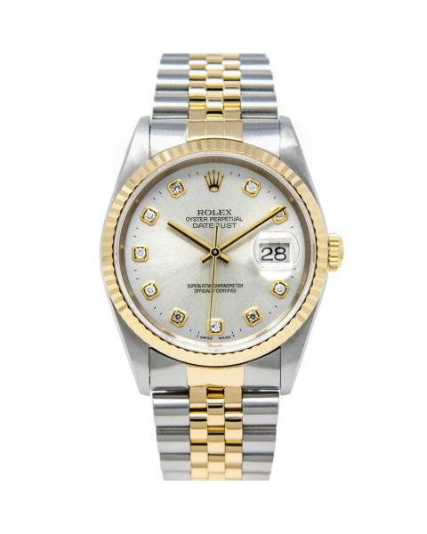 Rolex Datejust 36 16233 Wristwatch, Jubilee Bracelet, Light Silver Diamond Dial, Fluted Bezel