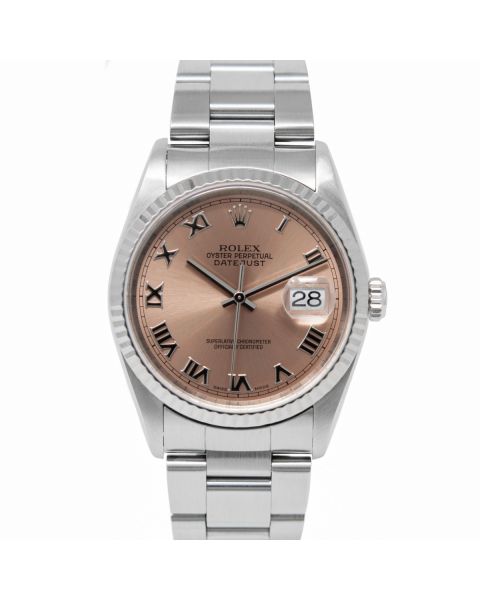 Rolex Datejust 36 16234 Wristwatch, Oyster Bracelet, Rose Roman Dial, Fluted Bezel