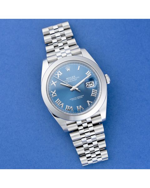 Rolex Datejust 41 126300, Stainless Steel, Azzurro Blue Roman Dial, Jubilee Bracelet