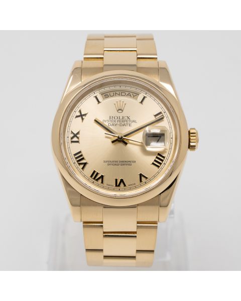 Rolex Day-Date 36 118208 Wristwatch, Champagne Roman Dial, Oyster Bracelet, Smooth Bezel