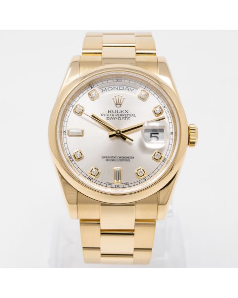 Rolex Day-Date 36 118208 Wristwatch - Silver Diamond Dial, Smooth Bezel, Oyster Bracelet