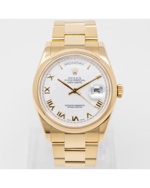 Rolex Day-Date 36 118208 Wristwatch, White Roman Dial, Oyster Bracelet, Domed Bezel