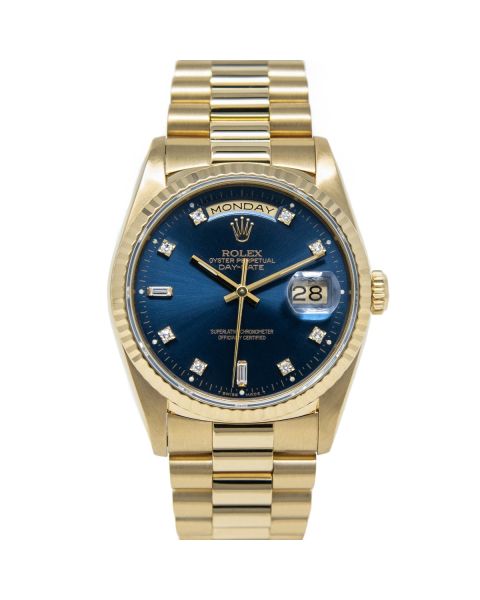 Rolex Day-Date 36 18038 Wristwatch, President Bracelet, Blue Diamond Dial, Fluted Bezel