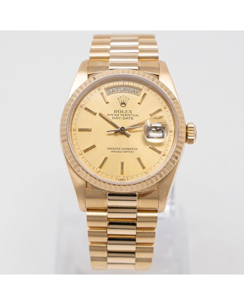 Rolex Day-Date 36 18038, Yellow Gold, Champagne Dial, President Bracelet, Rolex Service Card.