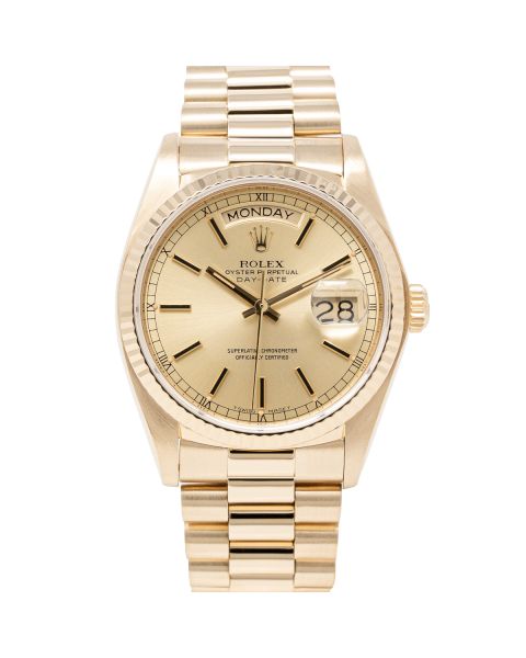 Rolex Day-Date 36 18038 Wristwatch, President Bracelet, Champagne Dial, Fluted Bezel