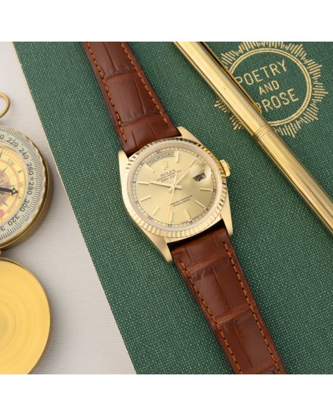 Rolex Day-Date 36, 18238, Yellow Gold, Champagne Dial, Leather Strap, Renewed