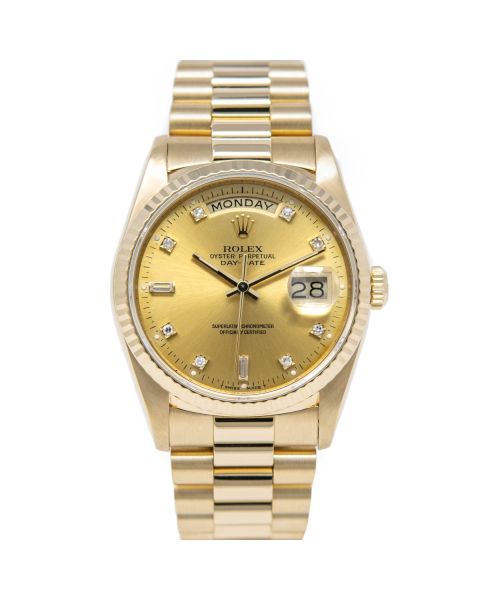 Rolex Day-Date 36 18238 Wristwatch, President Bracelet, Champagne Diamond Dial, Fluted Bezel