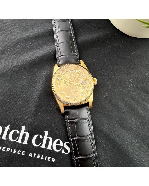 Rolex Day-Date 36 18238, Yellow Gold, Champagne Jubilee Diamond Dial, Leather Strap