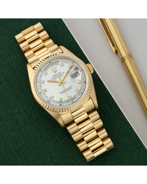 Rolex Day-Date 36, 18238, Yellow Gold, Silver Diamond String Diamond Dial, President Bracelet, Renewed