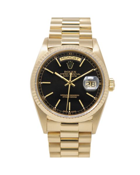 Rolex Day-Date 36 18238 Wristwatch, President Bracelet, Black Dial, Fluted Bezel
