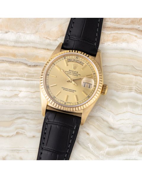 Rolex Day-Date 36 18238 Wristwatch - Champagne Dial, Leather Strap, Fluted Bezel