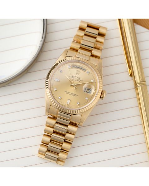 Rolex Day-Date 36 18238, Yellow Gold, President Bracelet, Champagne Diamond Dial, Box & Papers (Renewed)
