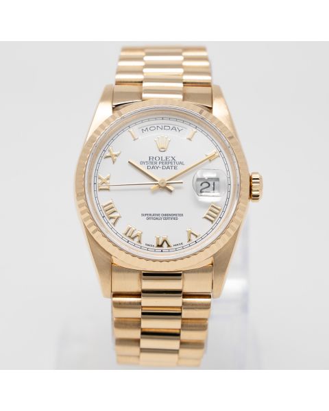 Rolex Day-Date 36 18238 Wristwatch, White Roman Dial, President Bracelet, Fluted Bezel