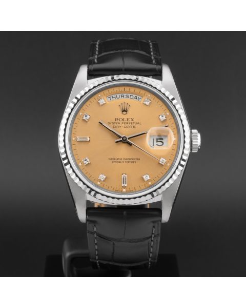 Rolex Day-Date 36 18239B, White Gold, Champagne Diamond Dial, Leather Strap, Renewed 