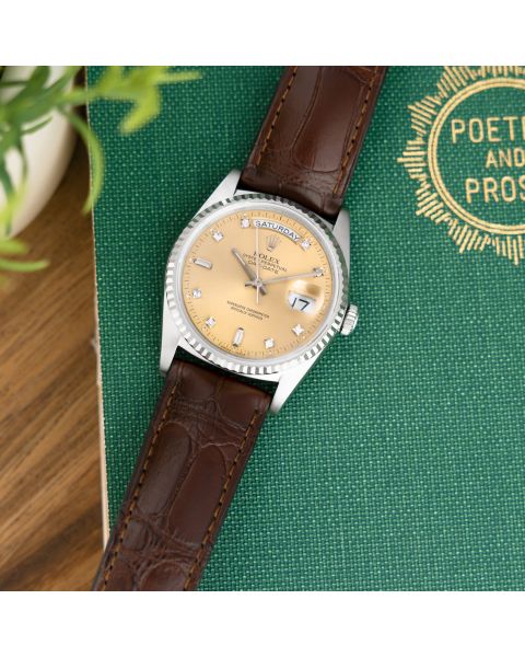 Rolex Day-Date 36 18239B, White Gold, Champagne Diamond Dial, Leather Strap, Renewed 
