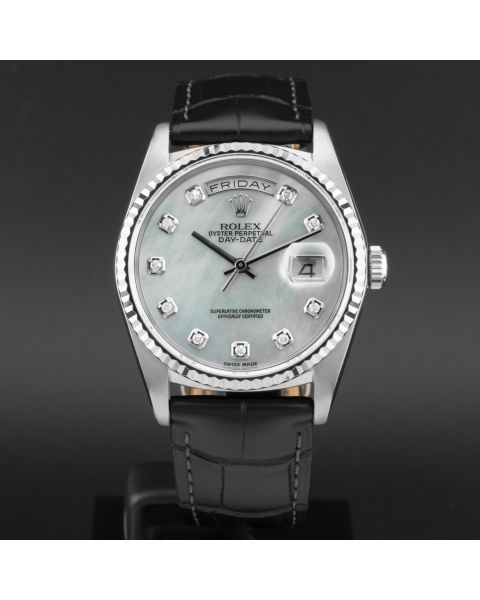 Rolex Day-Date 36 18239B, White Gold, Mother of Pearl Diamond Dial, Leather Strap, Renewed 